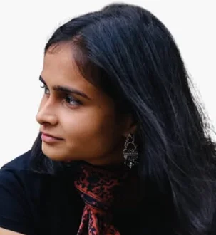 Portrait of Sachi wearing a block-printed scarf