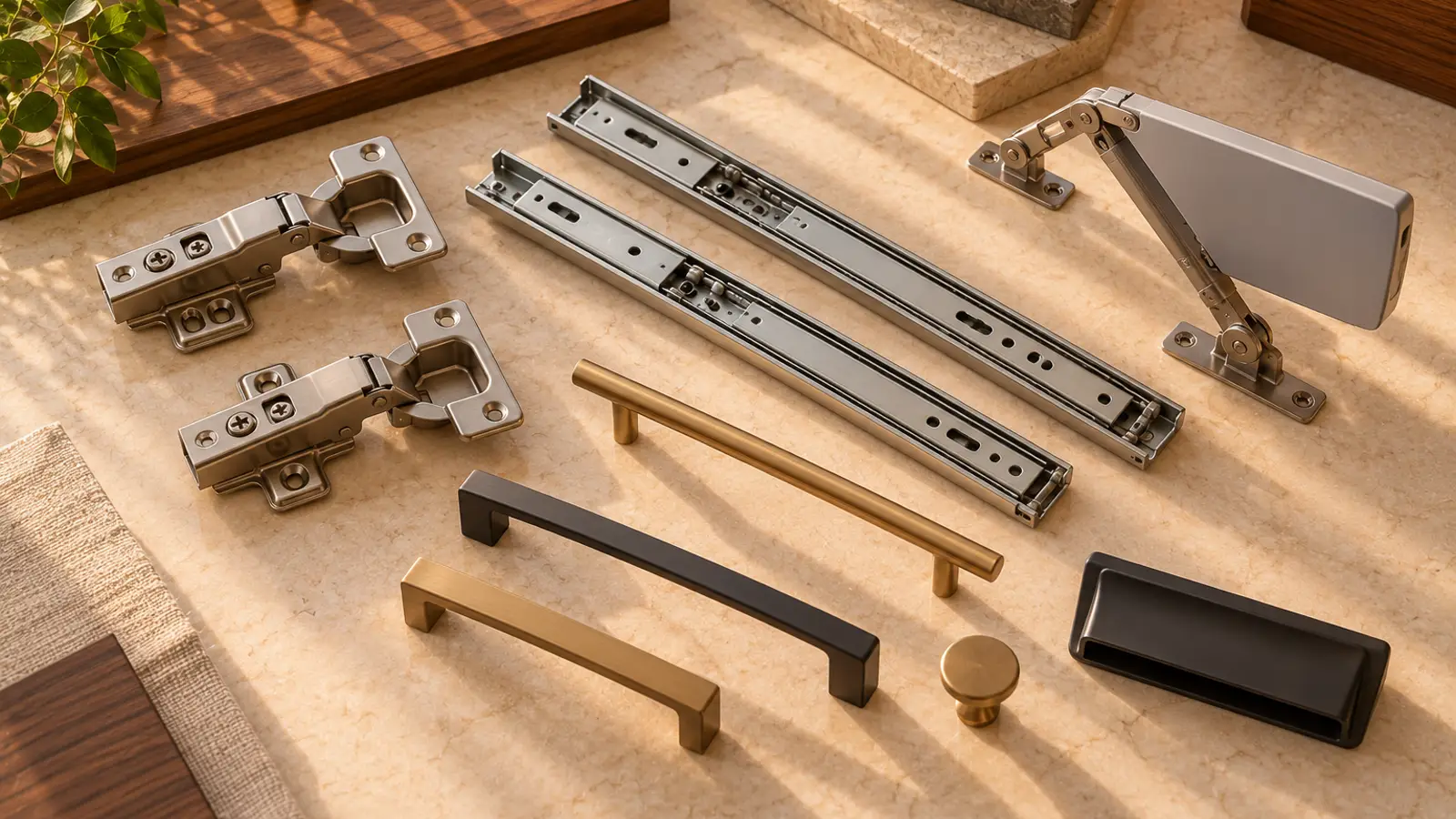 Concealed hinges, drawer channels, a lift-up mechanism and handles laid out on stone.