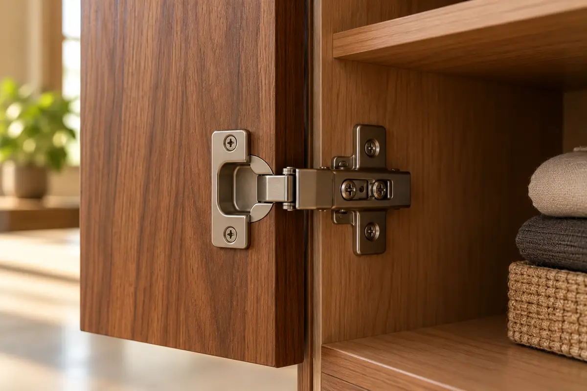 A concealed hinge mounted inside a walnut cabinet door.