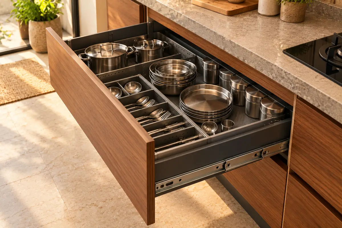 A wide kitchen drawer pulled fully out, holding steel utensils.