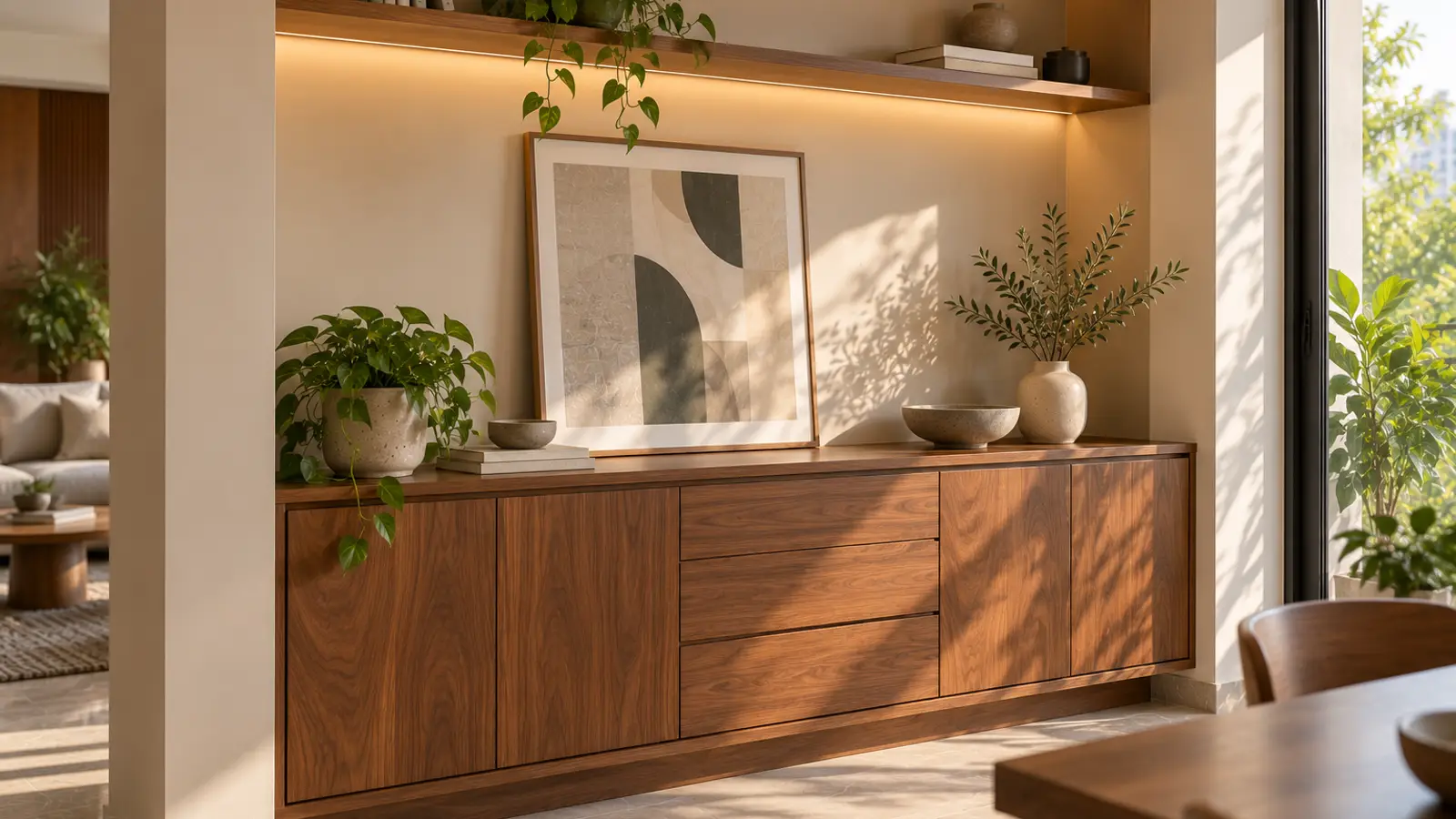 A bespoke walnut sideboard fitted into a wall niche.