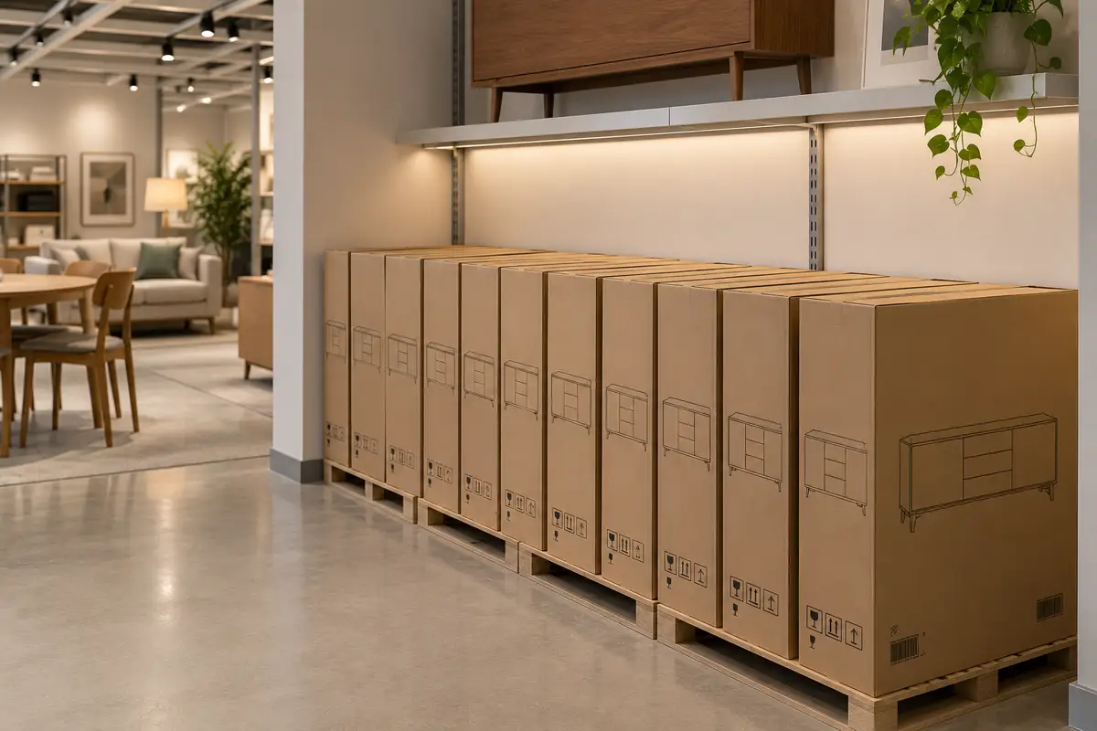 A row of flat-pack furniture boxes in a showroom.