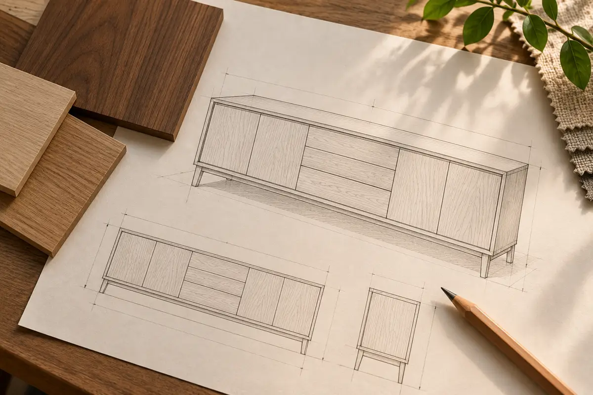 A pencil sketch of a sideboard with wood samples beside it.