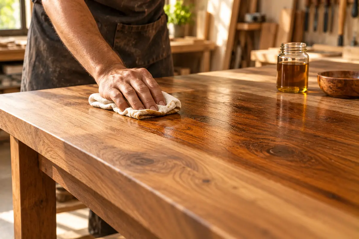 A hand rubbing oil into a solid-wood tabletop with a cotton cloth.