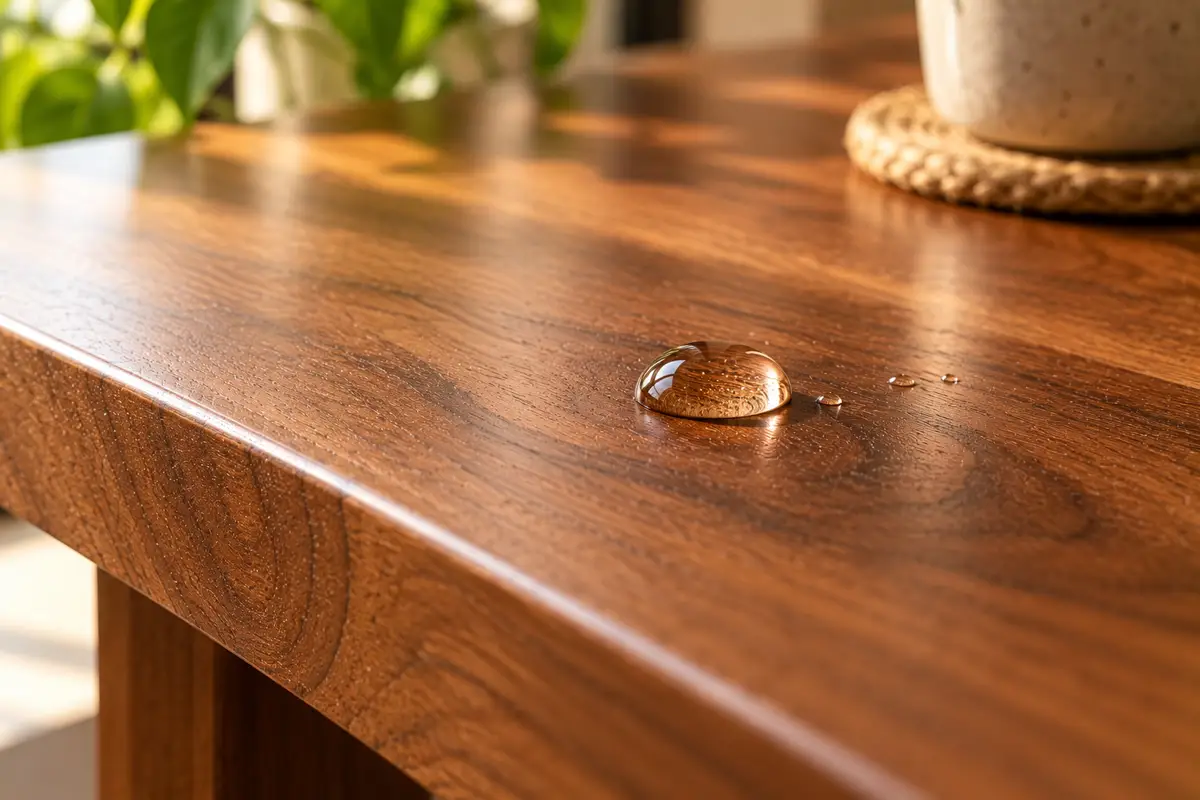 A water droplet beading on a finished walnut table top.