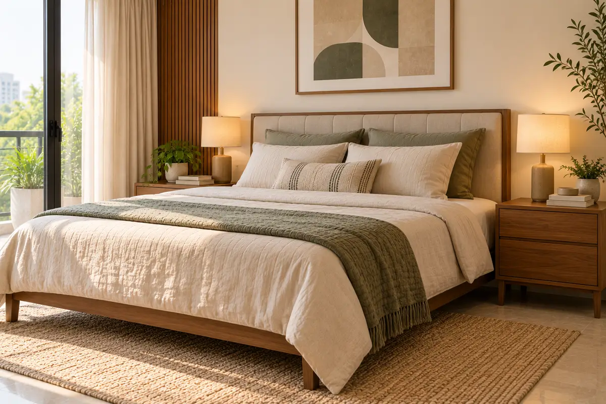 A bed with side tables at mattress height and linen bedding.