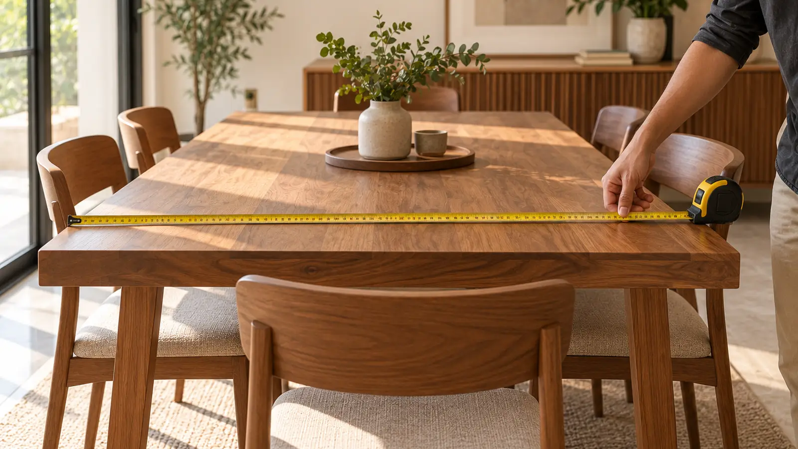 A tape measure stretched across a solid-wood dining table with chairs.