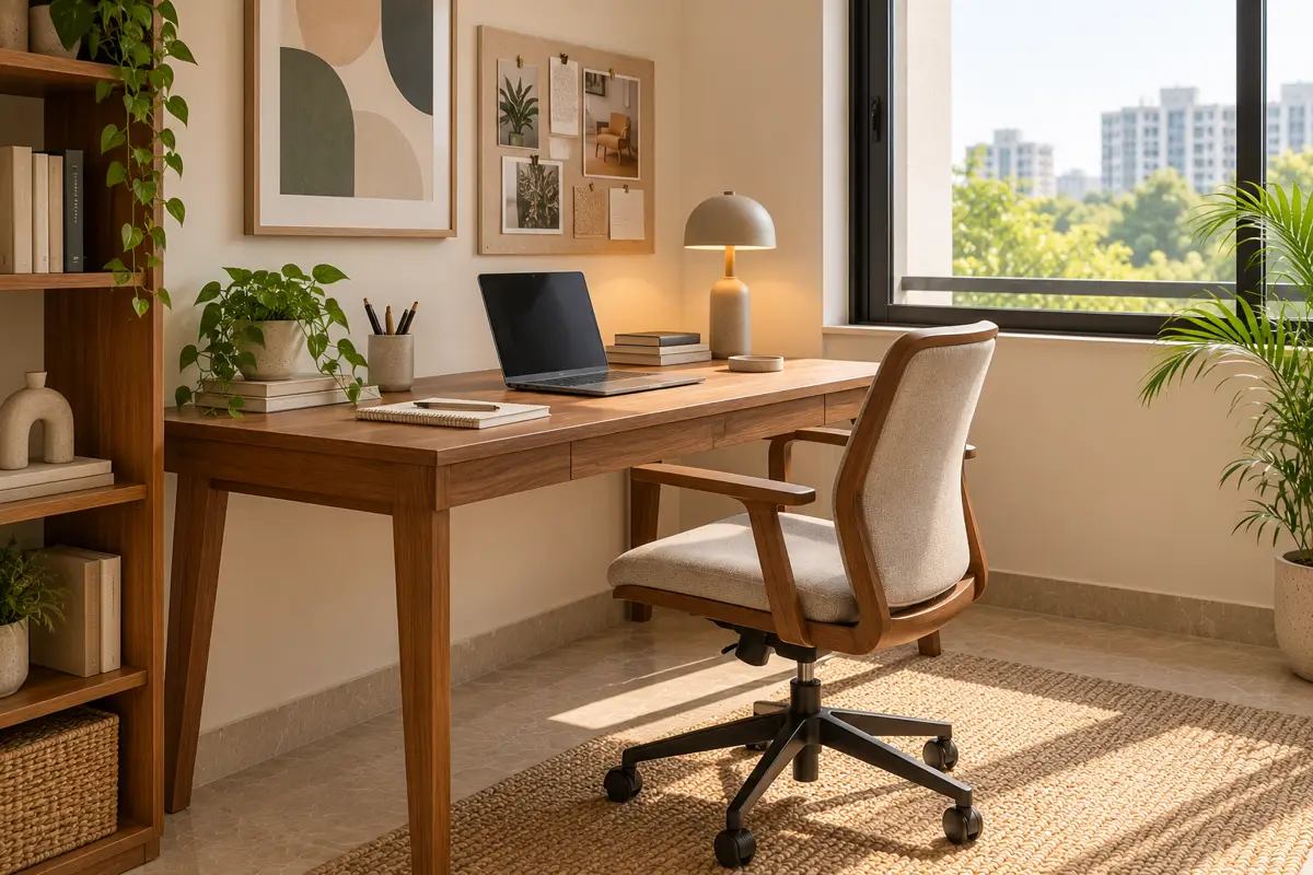 A wooden study desk and chair by a window, with a laptop and lamp.