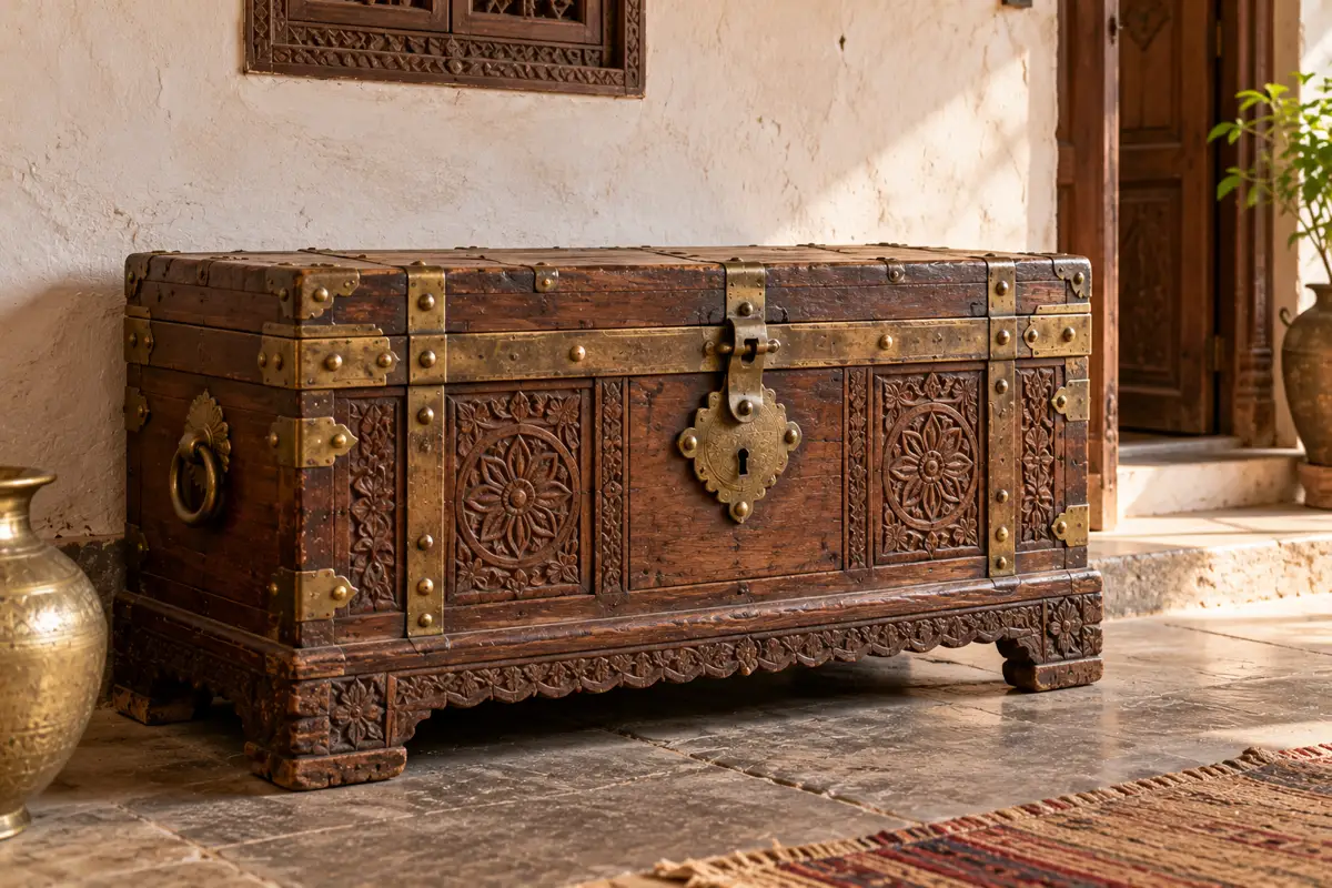 An old carved wooden chest with brass fittings against a limewashed wall.