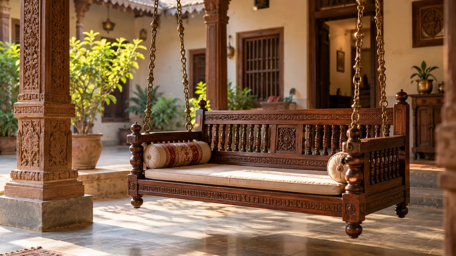 A traditional carved wooden swing hanging in the courtyard of an old Gujarati house.