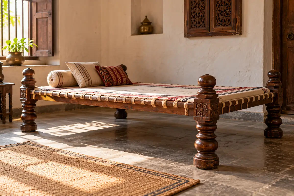 A low traditional bed with turned wooden legs and a woven top.