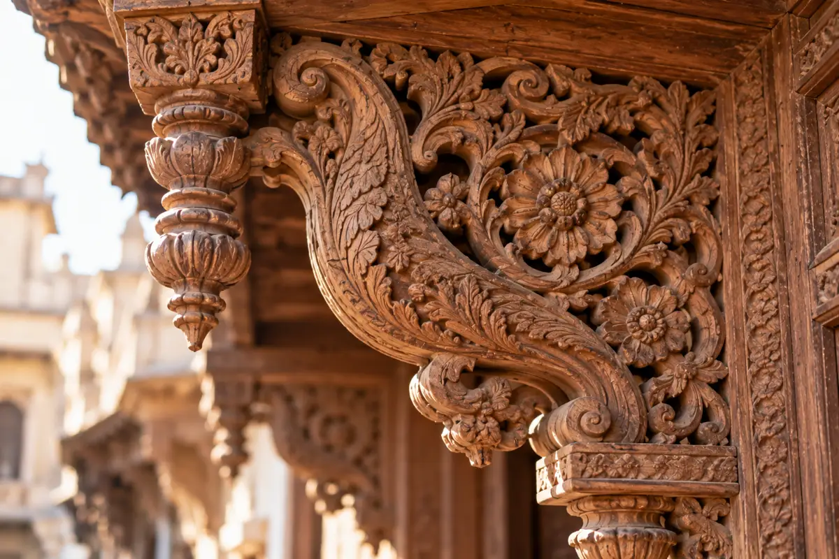 Close-up of a richly carved wooden bracket with floral motifs.