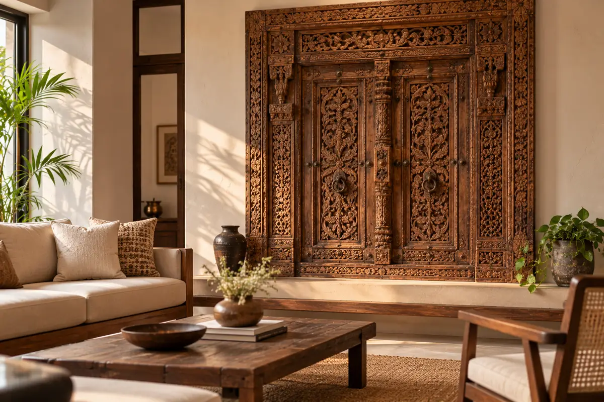 A carved wooden door panel used as a feature wall in a modern living room.