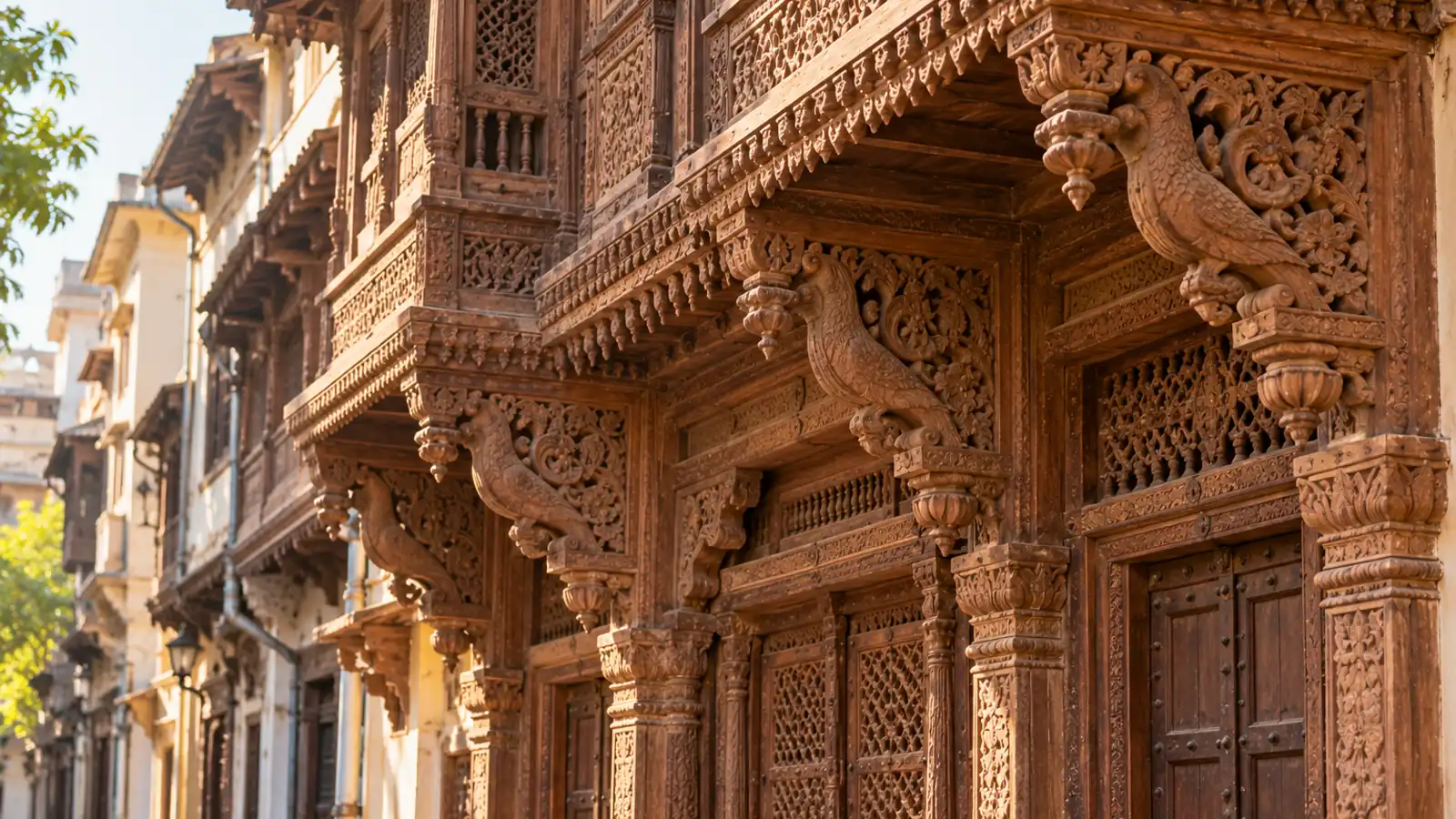 A carved wooden house facade with brackets and balconies in an old city lane.
