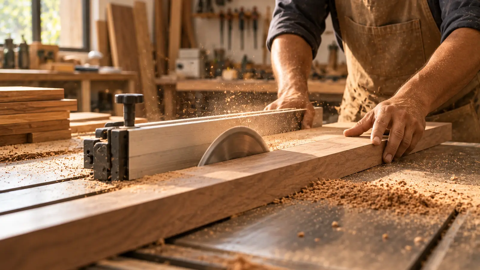 A craftsman’s hands guiding a solid-wood plank across a table saw.