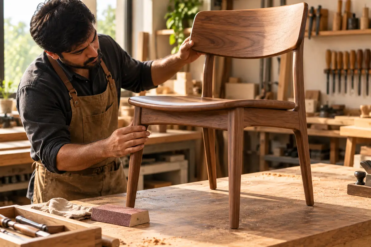 A finished walnut chair being inspected on a workshop bench.