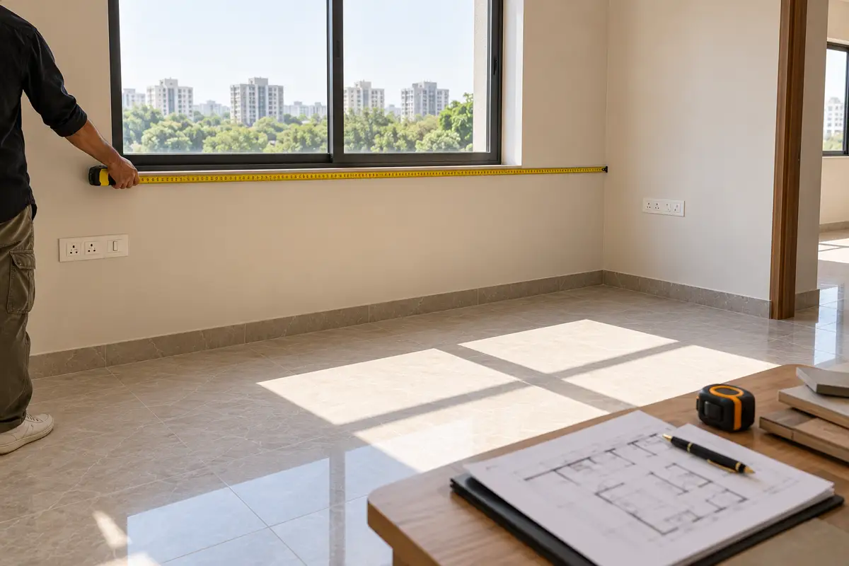A tape measure stretched along a wall below a window in an empty apartment.