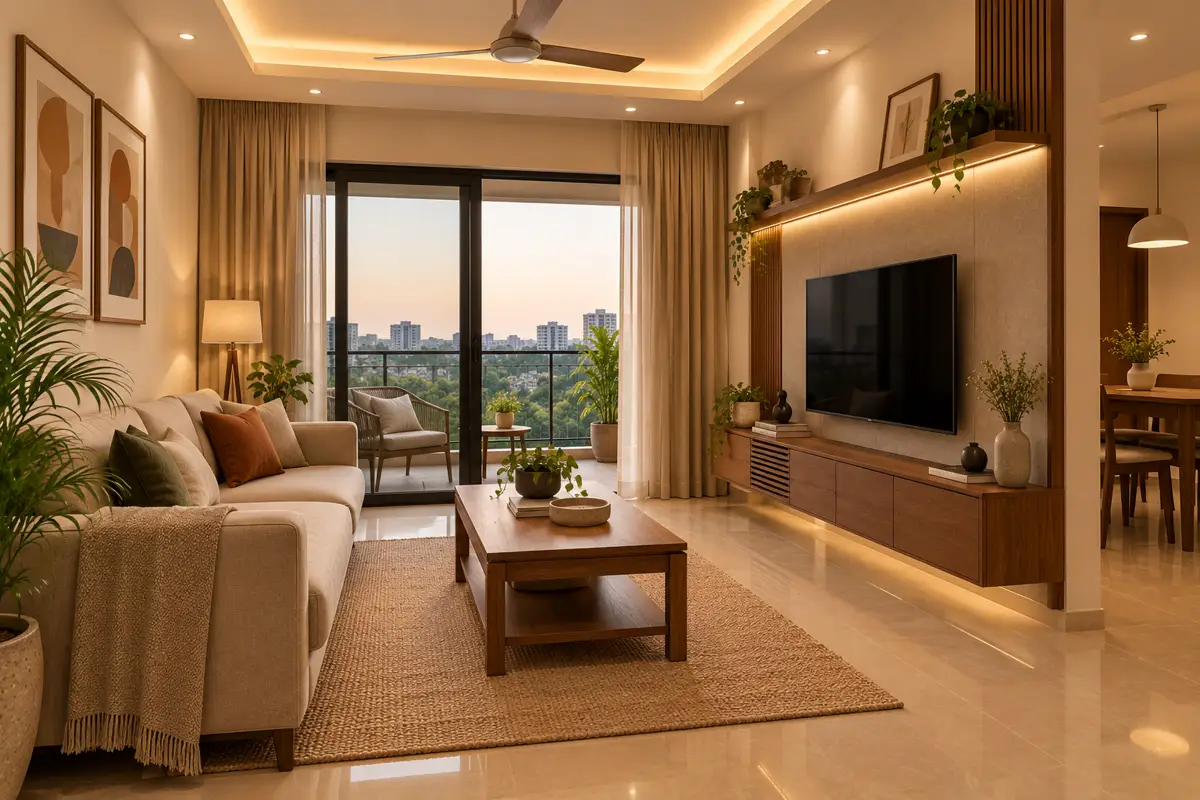 A finished 2BHK living room with a sofa, wooden TV unit and cove-lit ceiling.