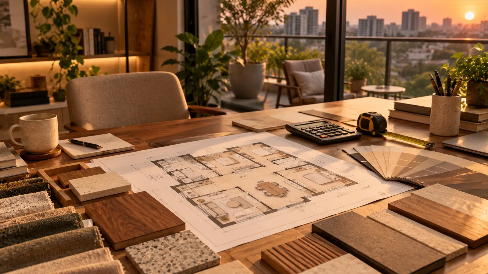 An interior designer’s desk with a floor plan, material samples, a calculator and a tape measure.