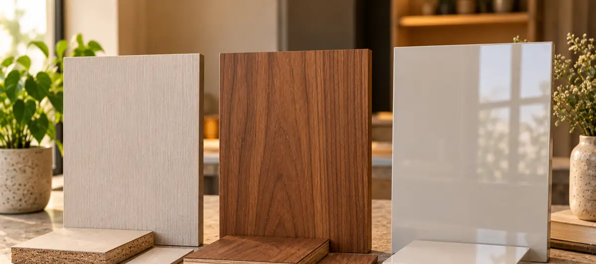 Three finish panels: plain laminate, wood veneer and high-gloss paint.