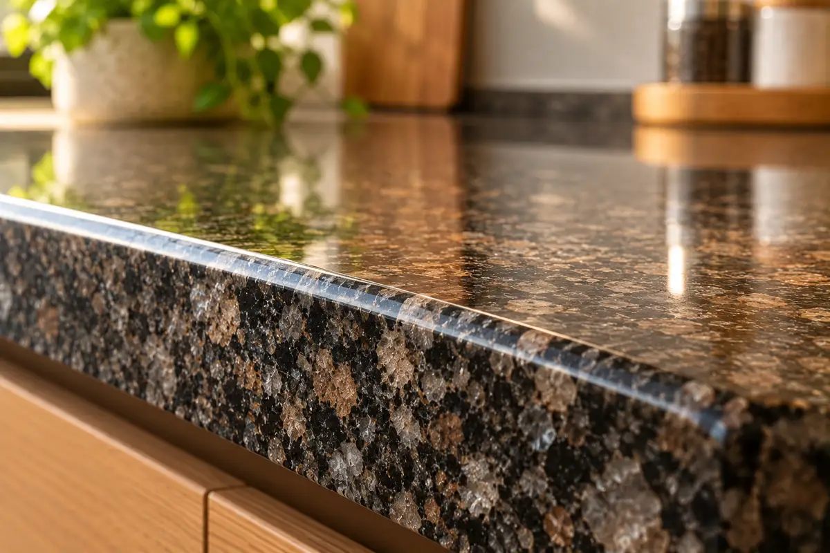 Close-up of a polished granite countertop edge with a slight bevel.
