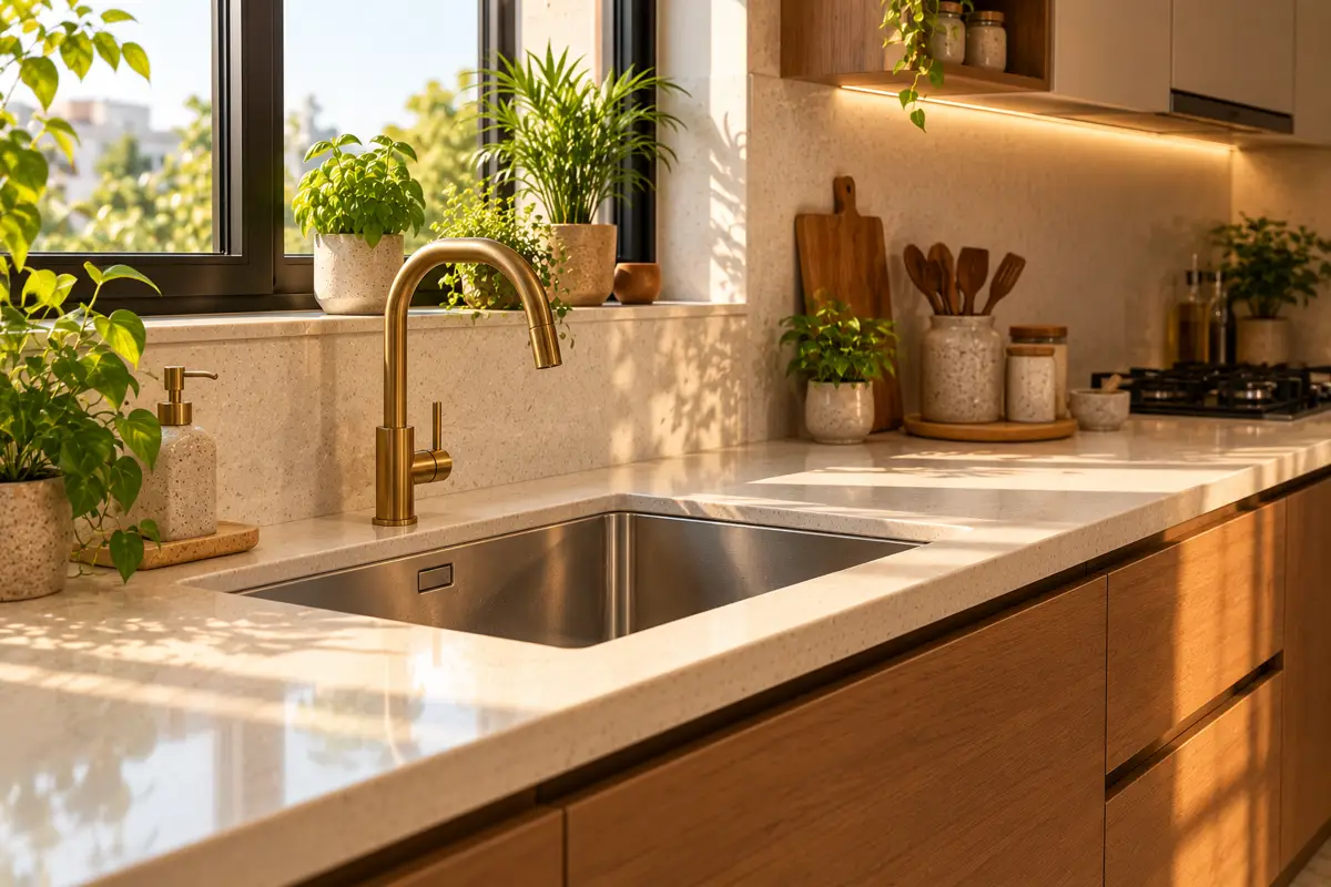 A kitchen with a light quartz countertop, steel sink and brass tap.