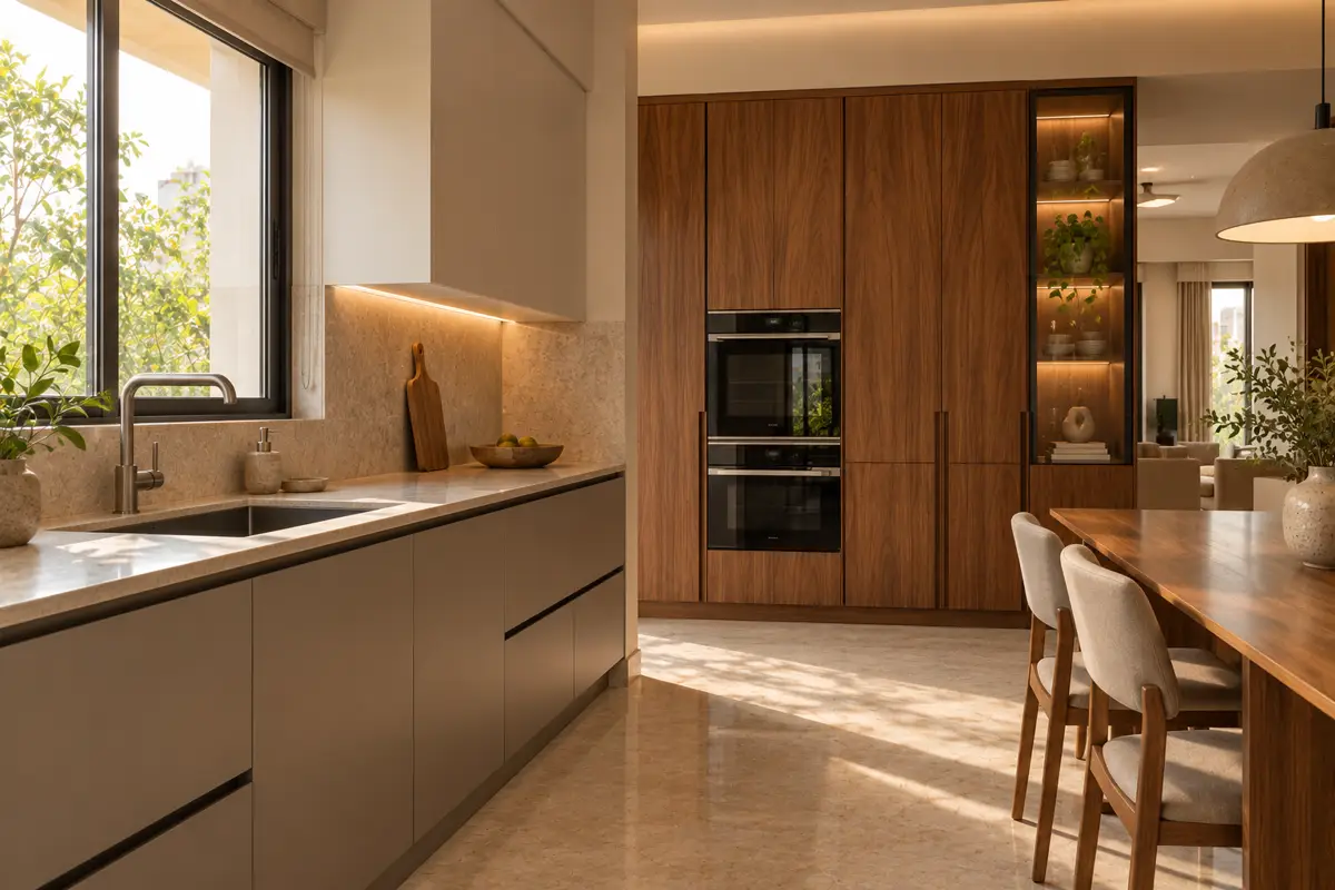 A kitchen with matte grey base units by the sink and walnut veneer tall units facing the dining area.