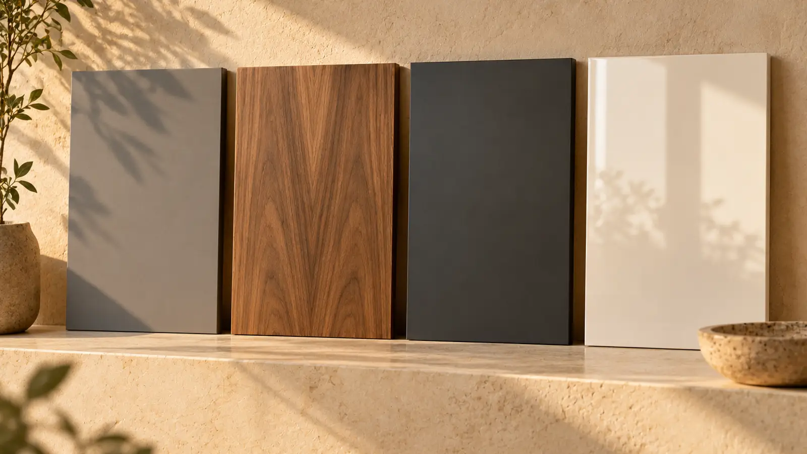 Four finish panels side by side: grey laminate, walnut veneer, charcoal matte PU and glossy white lacquer.