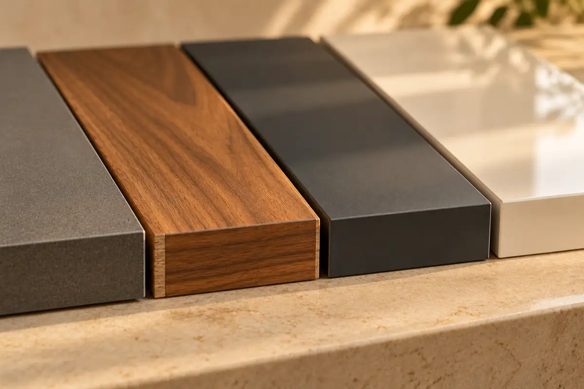 Close-up of four finished panel edges: textured grey laminate, walnut veneer, matte charcoal and glossy white.