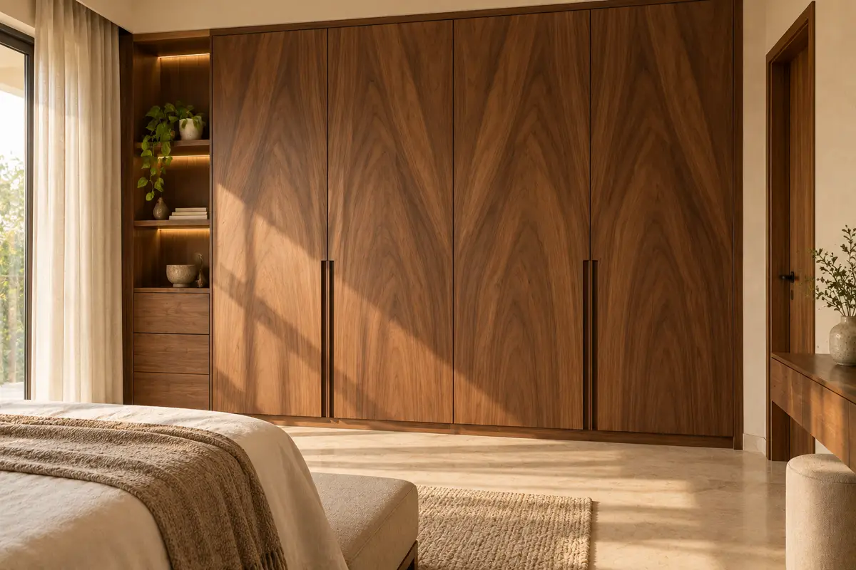 A bedroom wardrobe with tall walnut veneer shutters, the grain flowing across the doors, and slim recessed handles.