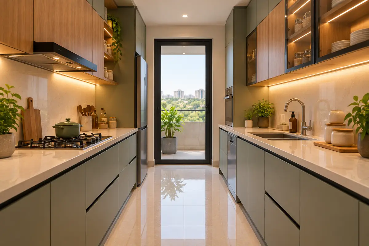 A parallel galley kitchen with two facing counters.