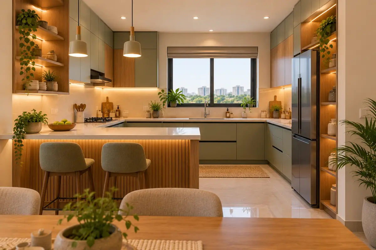 A U-shaped kitchen with a breakfast counter, seen from the dining side.