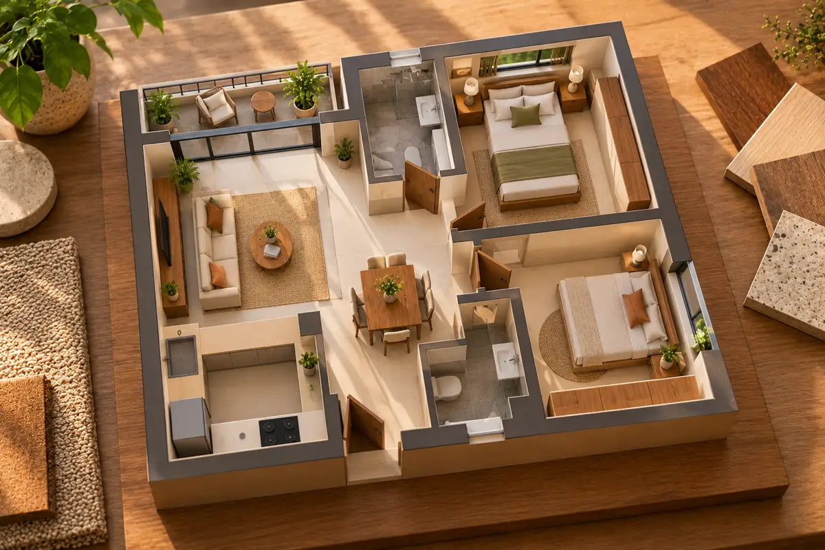 A furnished scale model of a 2BHK apartment floor plan.