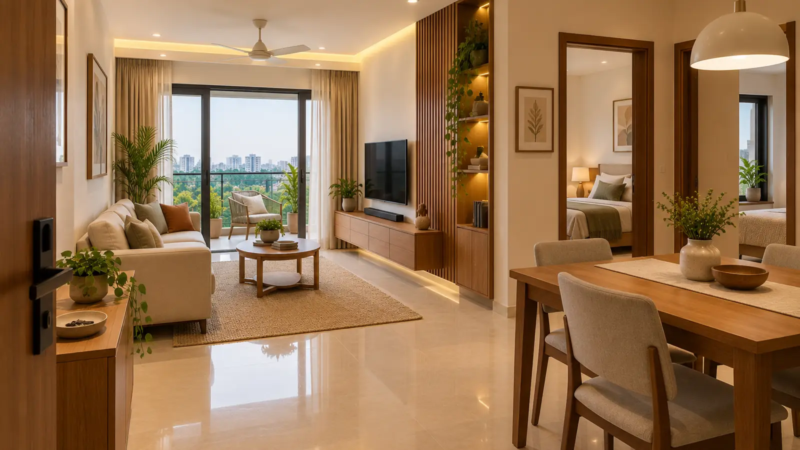 A bright 2BHK living and dining area seen from the entrance.