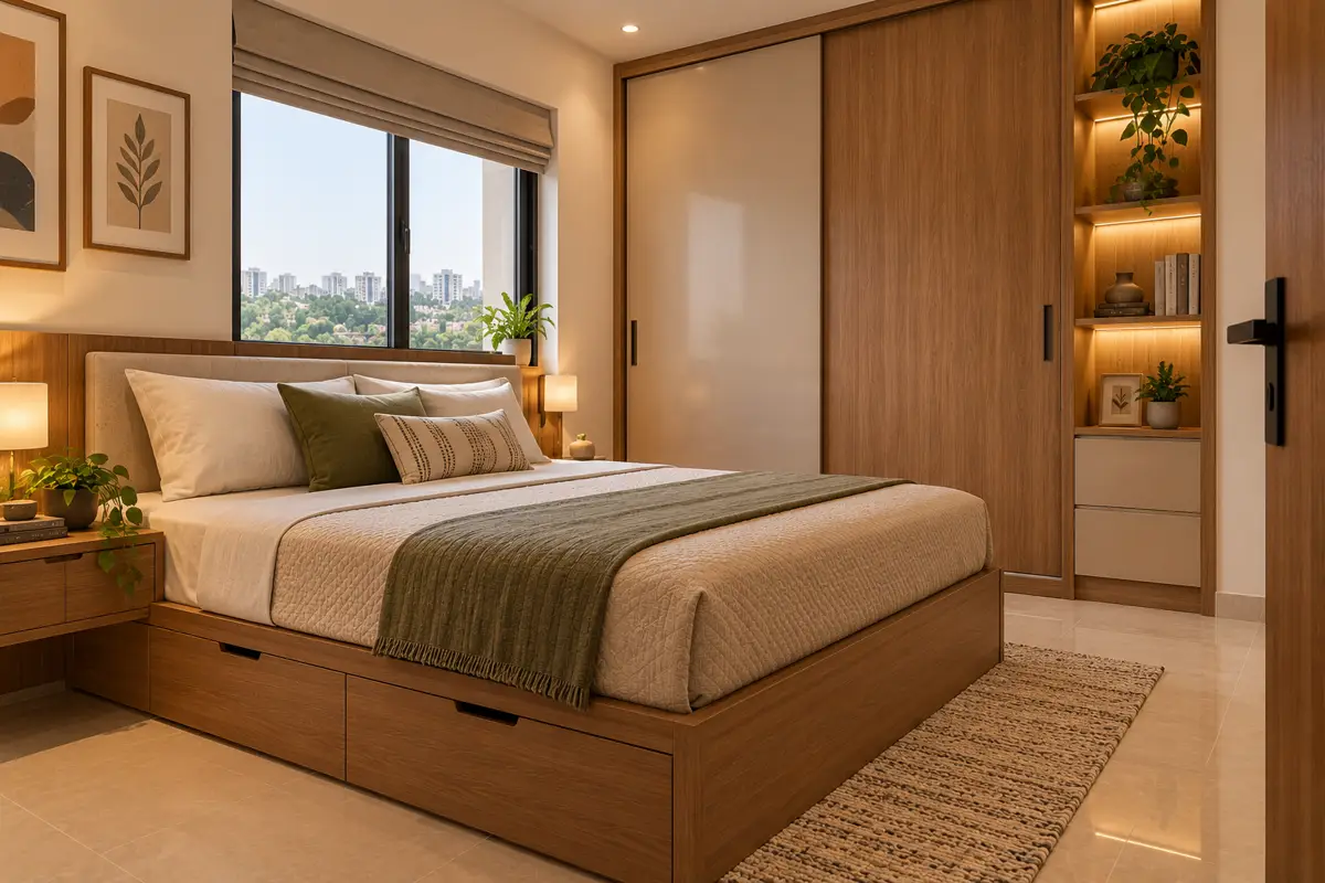 A compact bedroom with a storage bed and a sliding wardrobe.