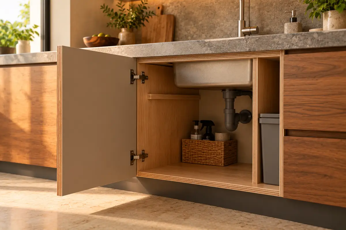 An open kitchen sink cabinet showing the plywood carcass beneath a stone counter.