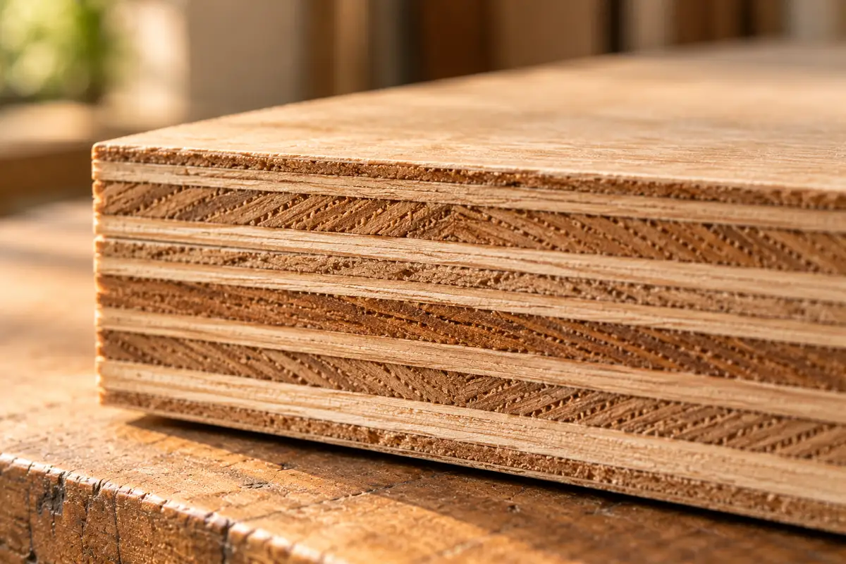 Close-up of a plywood edge showing its layered veneers.