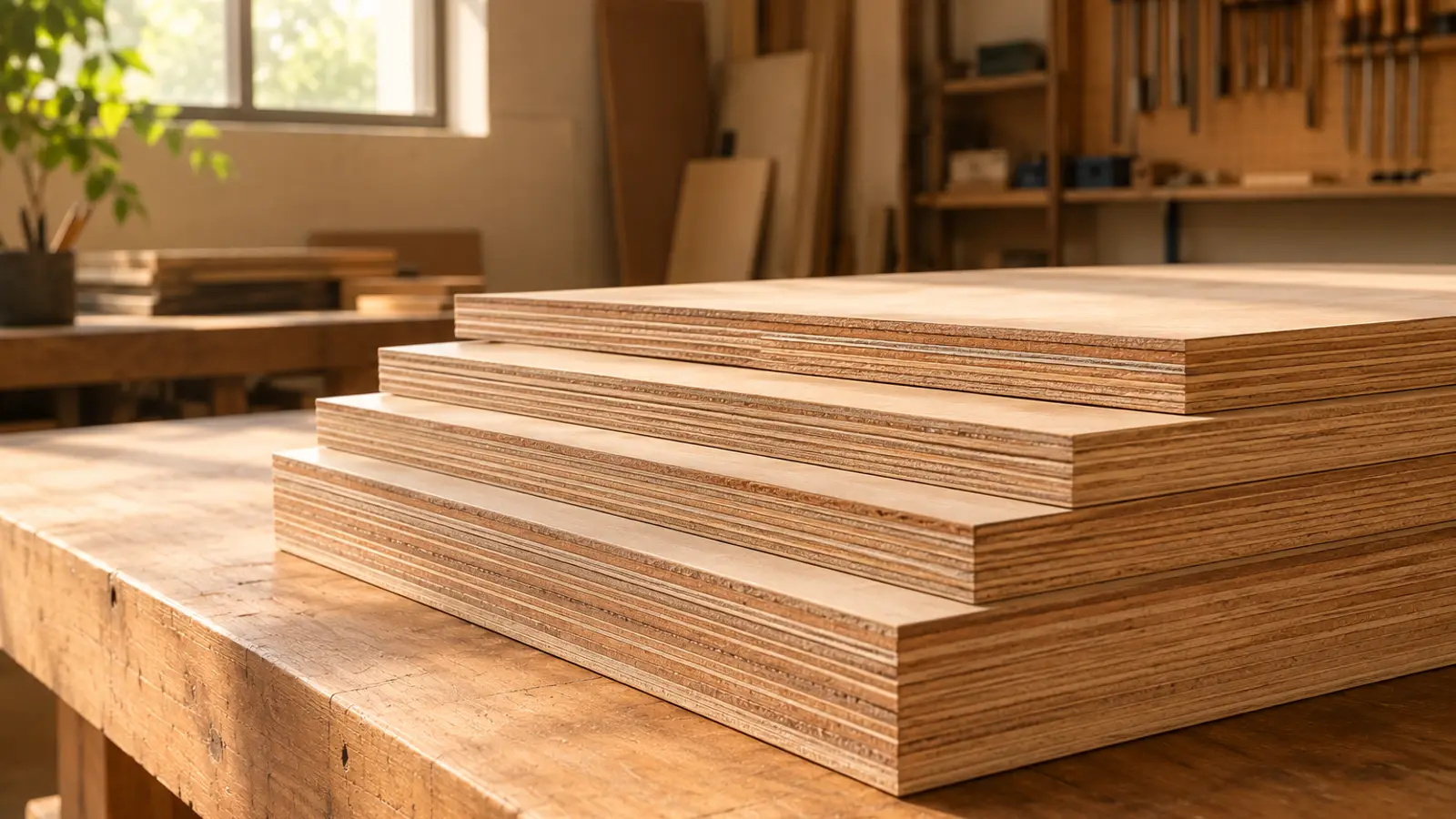 A stack of plywood sheets in a carpentry workshop, cross-laminated edges visible.