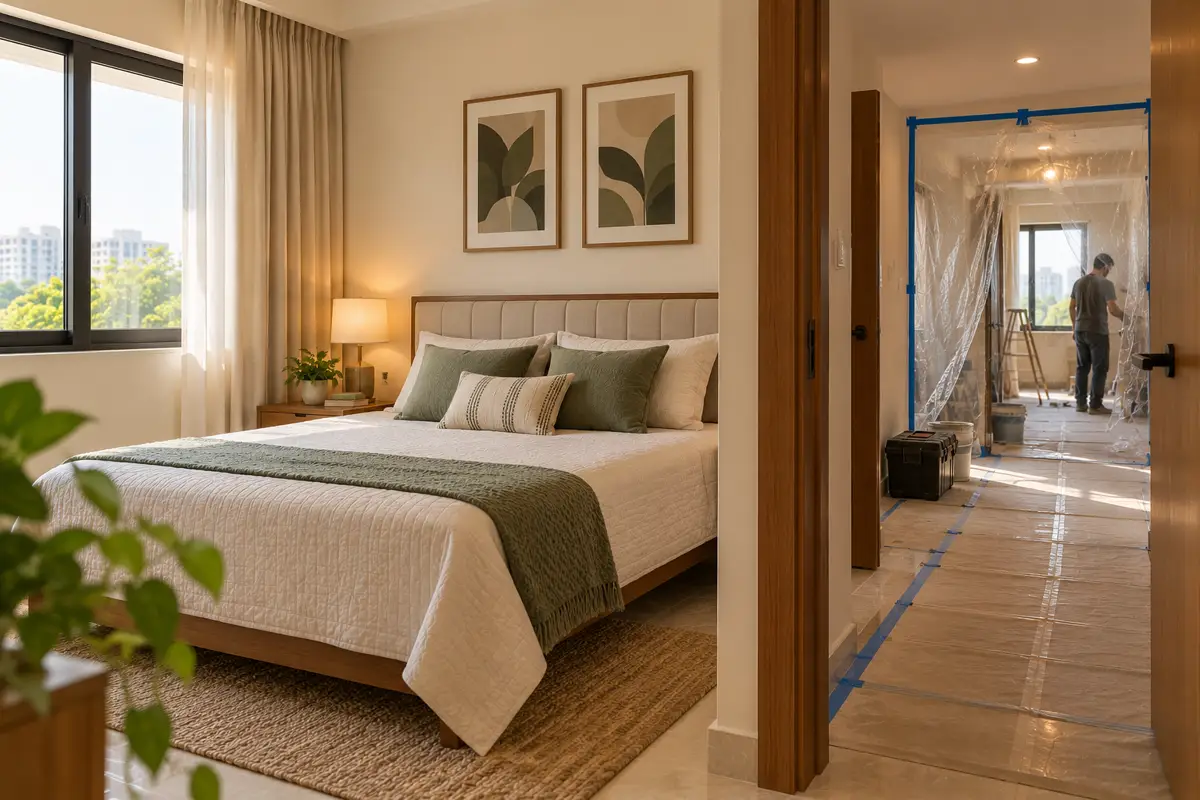 A finished, usable bedroom beside a room still under renovation.