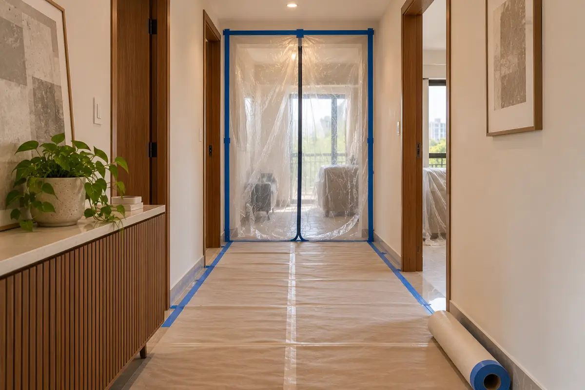 A hallway with protective floor covering and a plastic dust barrier over a doorway.