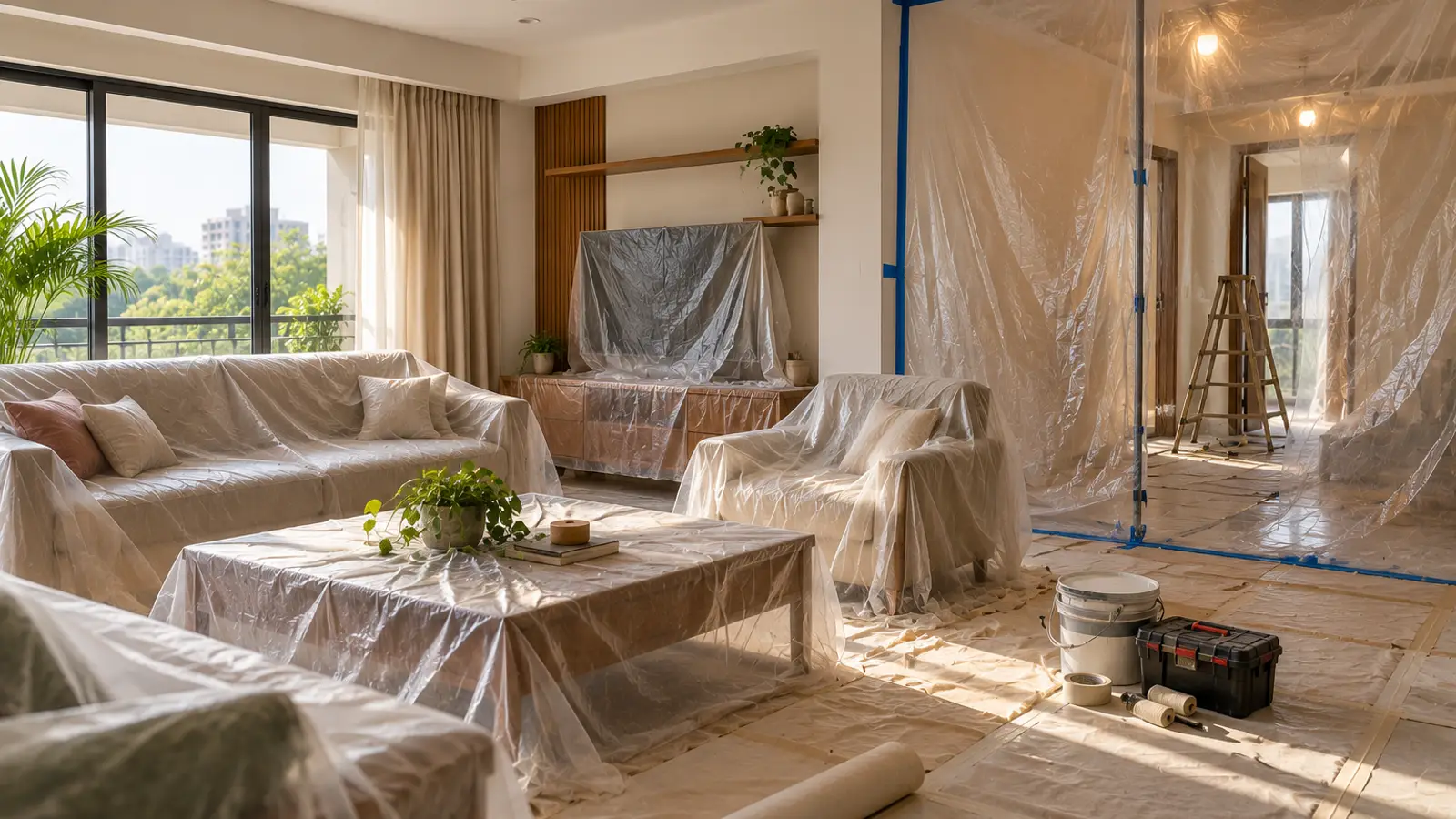 A living room under renovation with furniture under dust sheets and a sealed-off work area.