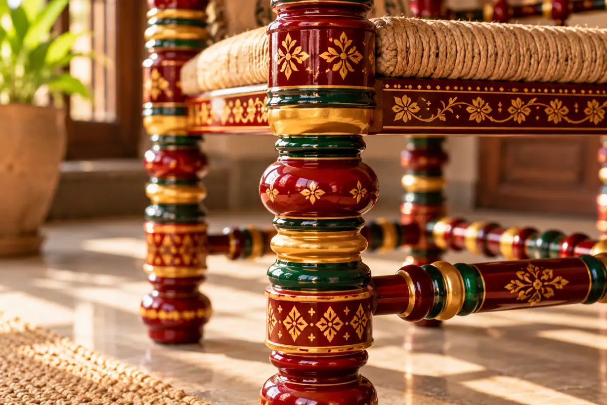 Close-up of turned, lacquered legs with gold painted motifs.