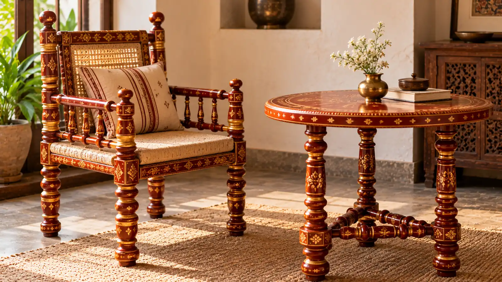 A lacquered teak chair and round table in maroon with gold motifs, in the Sankheda style.