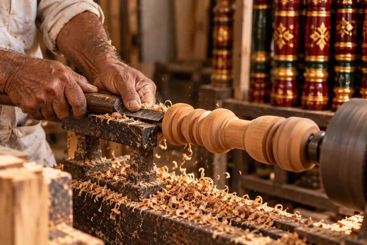A woodturner’s hands shaping a leg on a lathe, shavings flying.