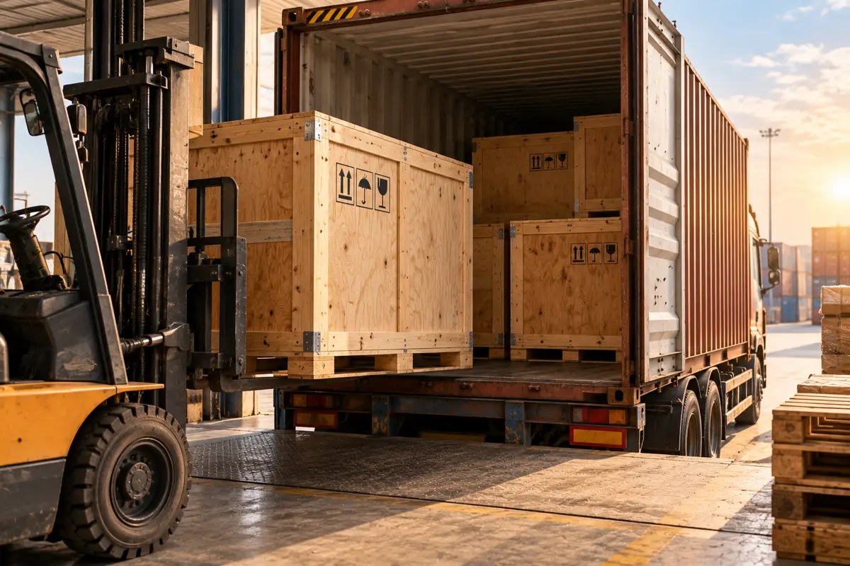 Wooden crates being loaded into a shipping container by forklift.