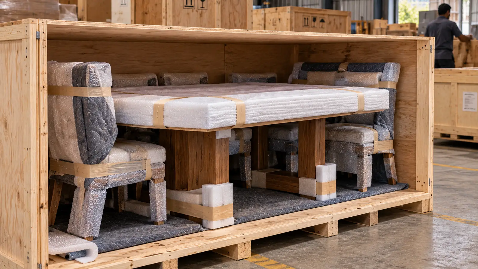 A dining table and chairs wrapped in protective packing inside an open wooden export crate.
