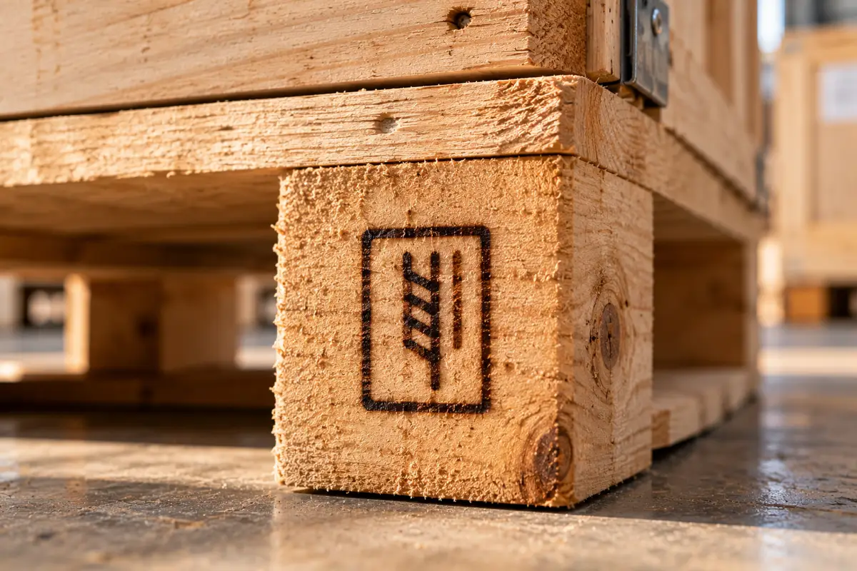 A wooden pallet block with a burned-in treatment stamp.