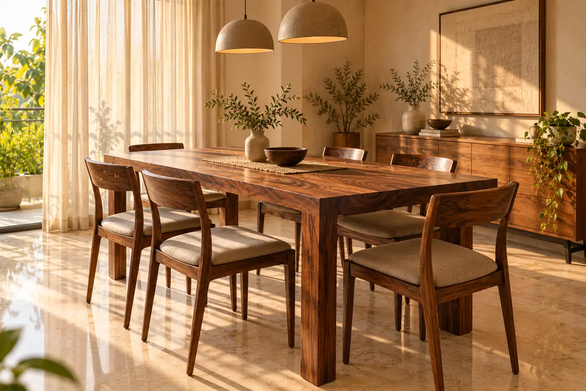 A solid-wood dining table with six chairs in a sunlit Indian dining room.