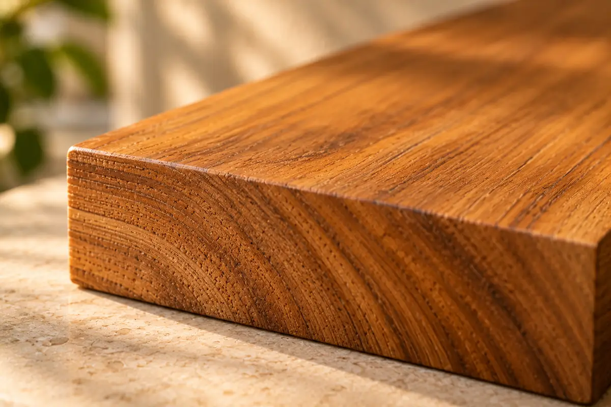 Close-up of the end grain and edge of a solid teak board.