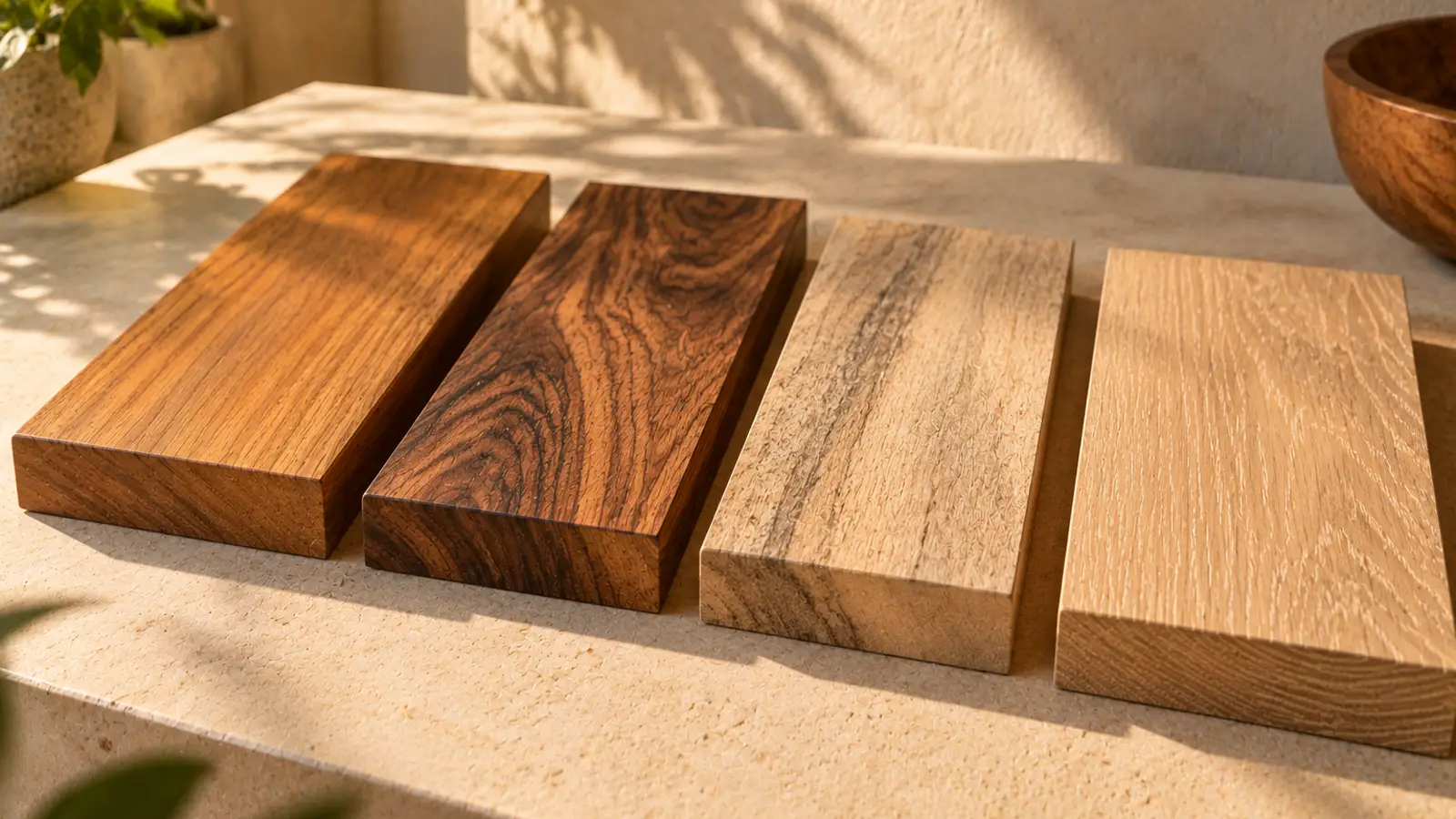 Planed boards of teak, sheesham, mango wood and oak side by side.